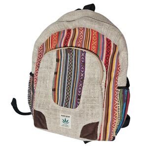 Tan Striped Handmade Pure Hemp THC FREE Laptop Holder Four Pocket Backpack
